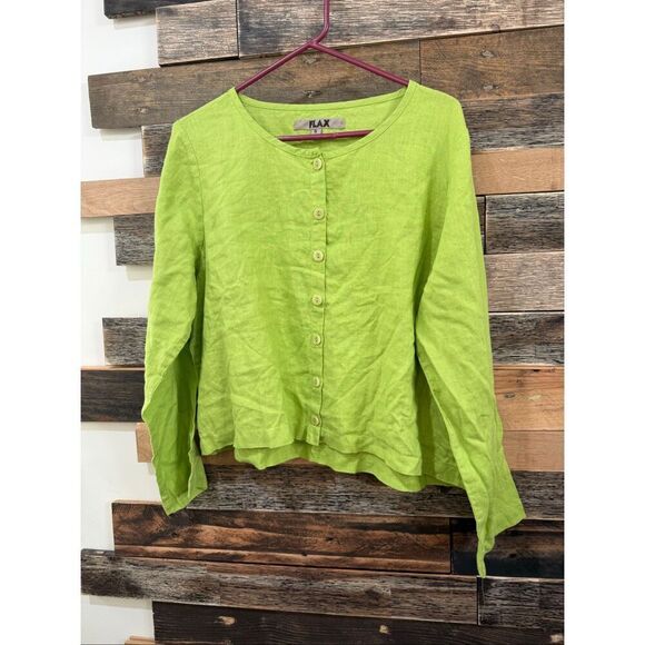 Flax NWOT linen button front shirt lime green relaxed fit size S small - Picture 2 of 8